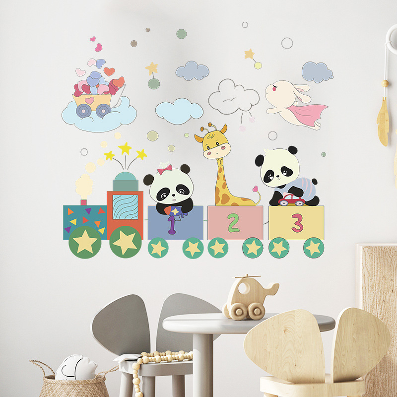 Cartoon Animals Train Wall Sticker Self Adhesive Panda Giraffe Decals Creative Kid's Living Room Decorative Wallpaper