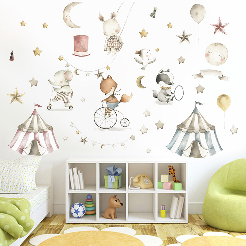 Animals Circus Sticker Cartoon Fox Rabbits Decals Creative Kid's Bedroom Wallpaper Self Adhesive Living Room Decorative Murals