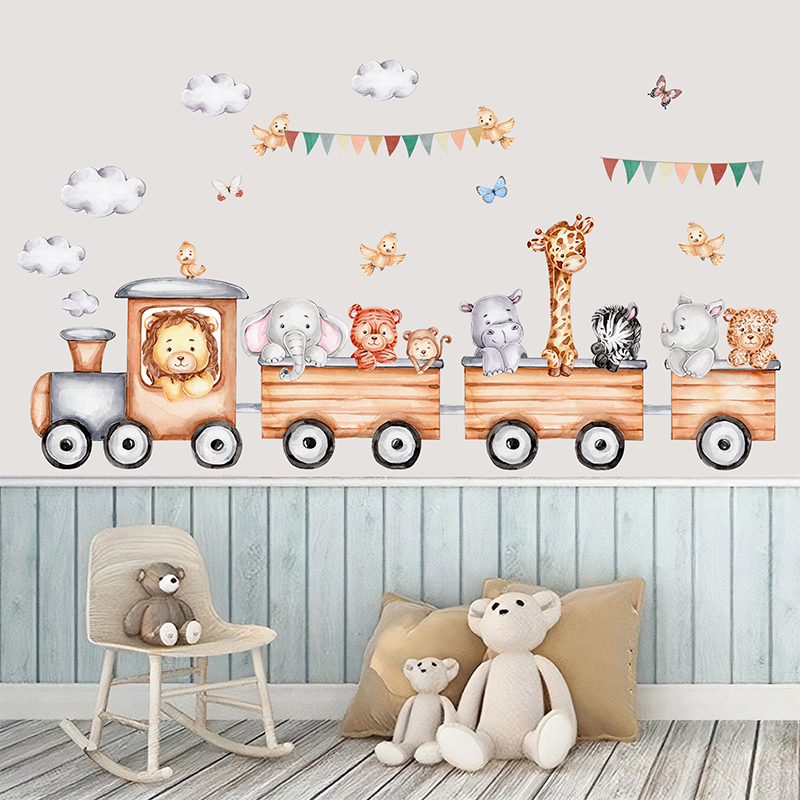 Cartoon Animals Train Sticker Creative Kid's Bedroom Wallpaper Self Adhesive Living Room Decorative Mural TV Background Decal