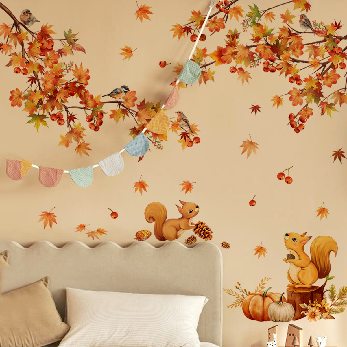 Maple leaves falling in autumn Wall Sticker Cartoon Squirrel Maple Leaf Branch Decals Living Room Decorative Wallpaper