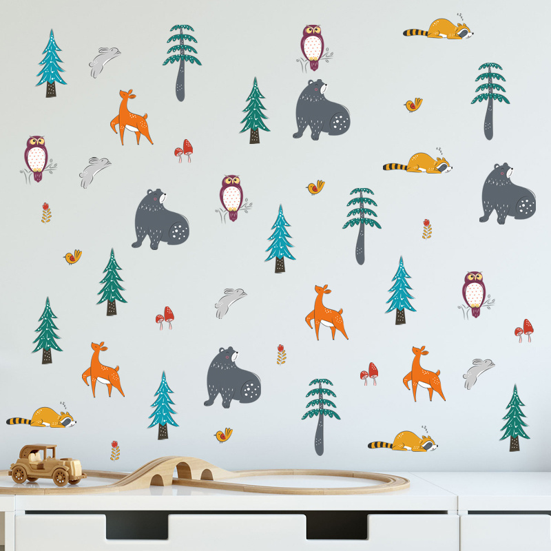 Cute Forest Animal Cartoon Stickers Creative Kid's Bedroom Wallpaper Self Adhesive Children's Living Room Decorative Wall Decal