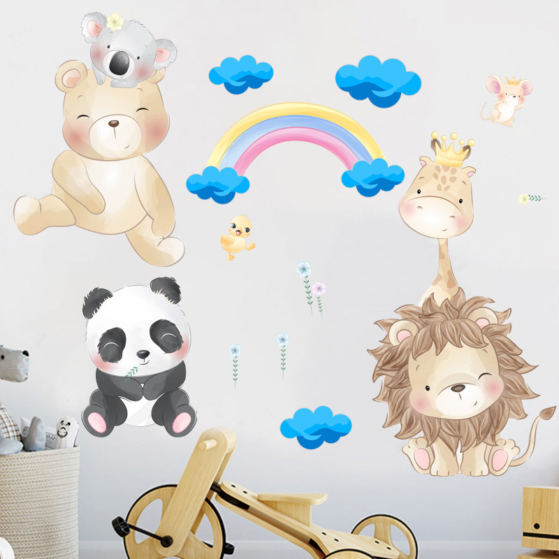 Cartoon Animals Lion Panda Bear Wall Stickers Blue Clouds Rainbow Wallpaper For Children' Room Kid's Bedroom Creative Wall Decal