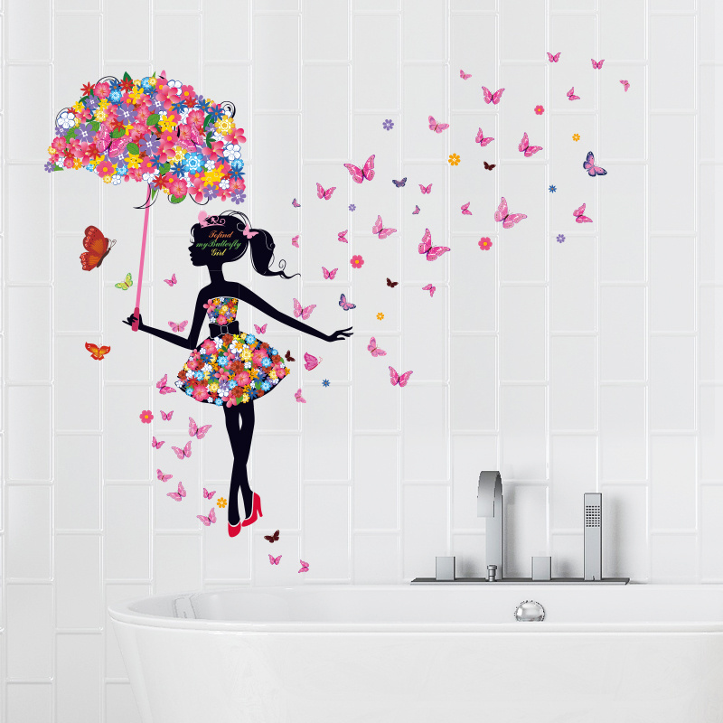 The Beauty With Colorful Butterflies Wall Stickers Elegant Women With Butterfly Dress And Umbrella Wallpaper Romantic Home Decor