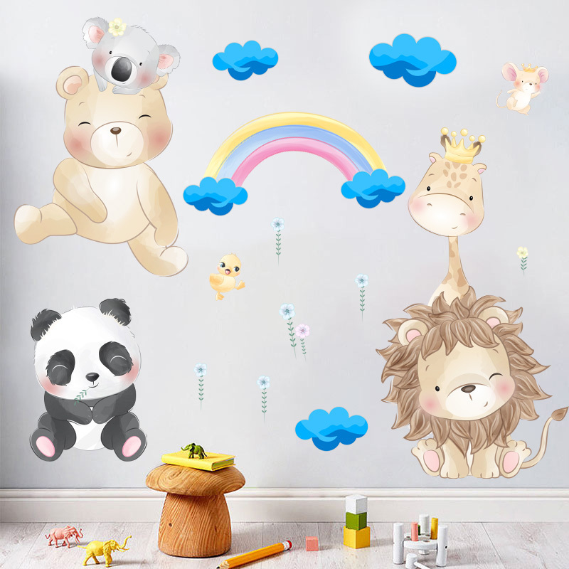 Cartoon Animals Lion Panda Bear Wall Stickers Blue Clouds Rainbow Wallpaper For Children' Room Kid's Bedroom Creative Wall Decal