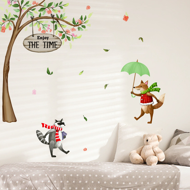 Cute Fox And Palm Civet Wall Sticker Enjoy The Time Wallpaper For Kid's Bedroom Cartoon Wall Mural For Kindergarten Home Decor