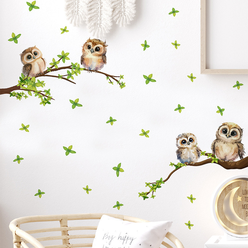 Painted Owl Wall Sticker Cartoon green plant branches and leaves Decals Living Room Decorative Wallpaper