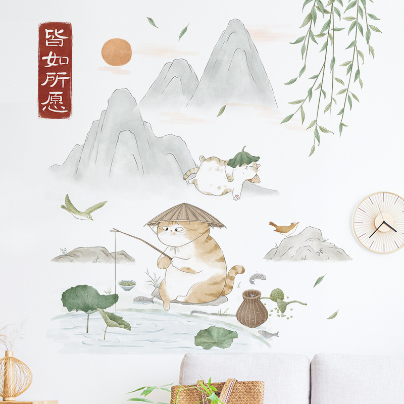 Fresh and beautiful Mountain Water Painting Wall Sticker Cartoon cute cat Decals  Living Room Decorative Wallpaper