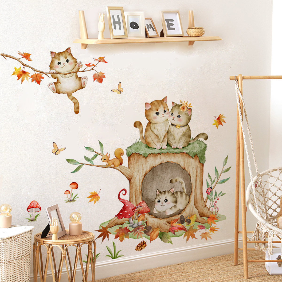 Kitten stump wall stickers mushroom branch wall stickers Children's room living room decoration wallpaper self-adhesive  sticker