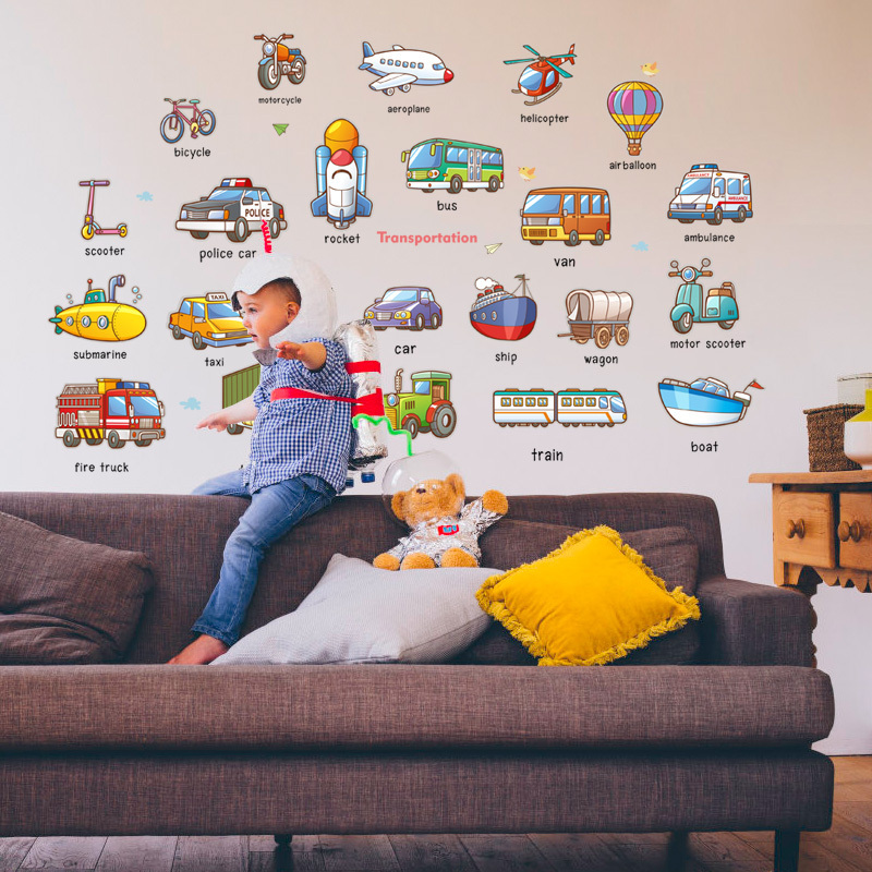 New Design Cartoon Wall Sticker Cars Train Airplane Wallpaper Self Adhesive TV Background Mural Boy's Living Room Decals