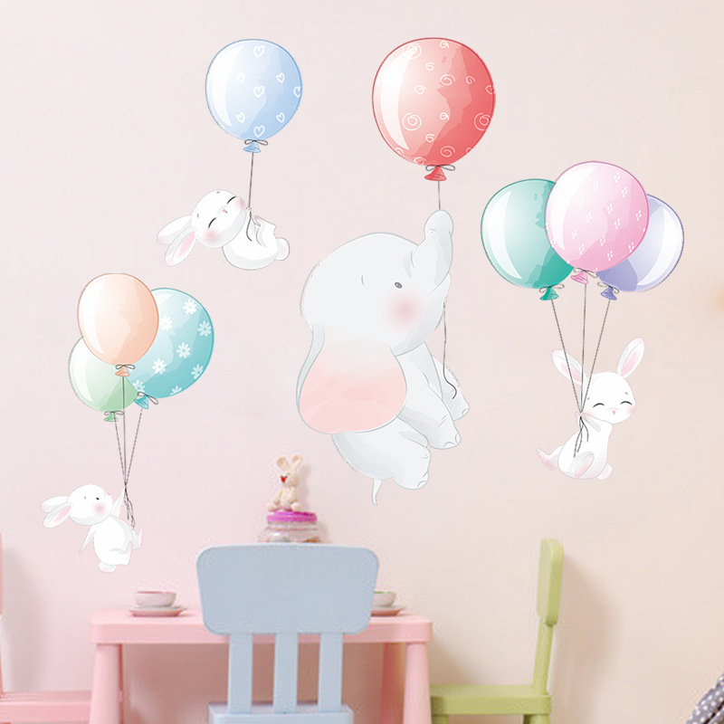 Creative Cartoon Calf Elephant Bunny Wall Decal Colorful Balloons Wallpaper For Kid's Bedroom Cute Children Living Room Sticker