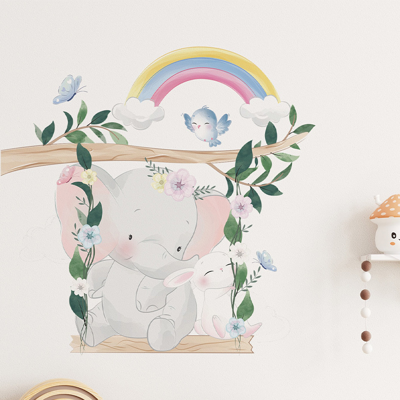 Rainbow elephant bunny swing PVC wall stickers Children's room living room decoration self-adhesive stickers cartoon wallpaper