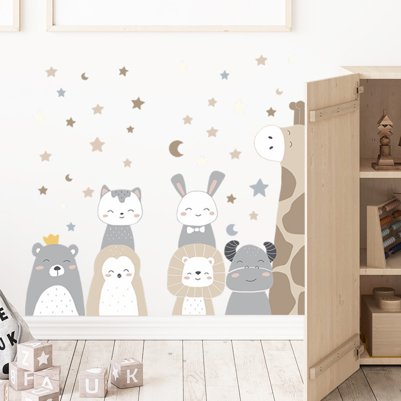 Cartoon Animals Stars Wall Sticker Lion Cat Rabbit Decals Creative Kid's Living Room Decorative Wallpaper