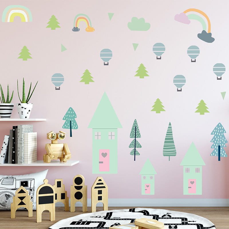 Green Hot Air Balloons Tree Wallpaper Colorful Rainbow Sticker Creative Kid's Bedroom Wall Decal Children's Home Decor