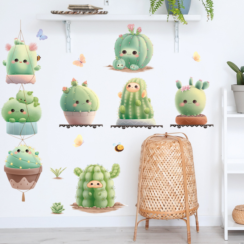 Potted Sprite Wall Sticker Cartoon Cute Cactus Decals  Living Room Decorative Wallpaper