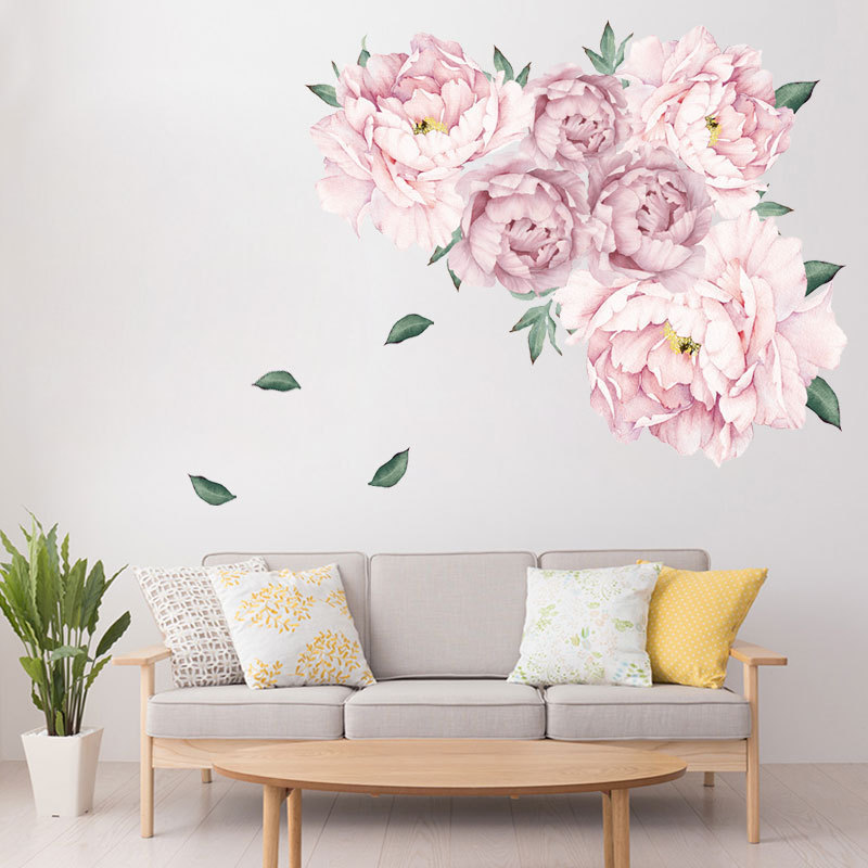 High Quality 3D Dreamlike Pink Peony Flower Wall Stickers Leaves Falling Wallpapers Living Room Home Decoration Wall Decal