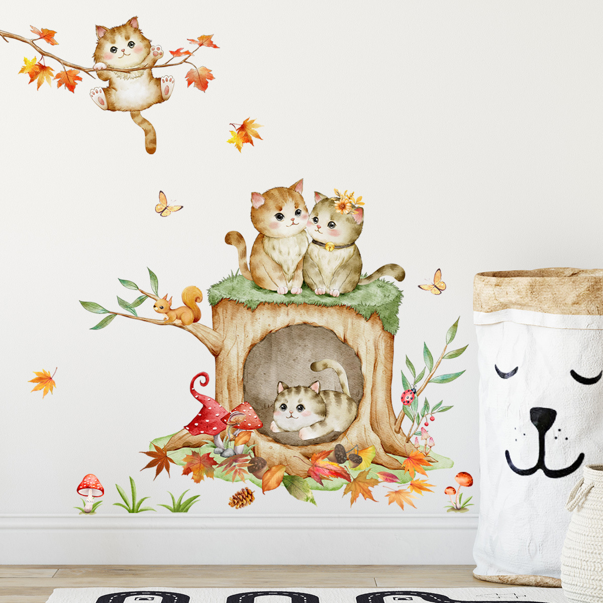 Kitten stump wall stickers mushroom branch wall stickers Children's room living room decoration wallpaper self-adhesive  sticker