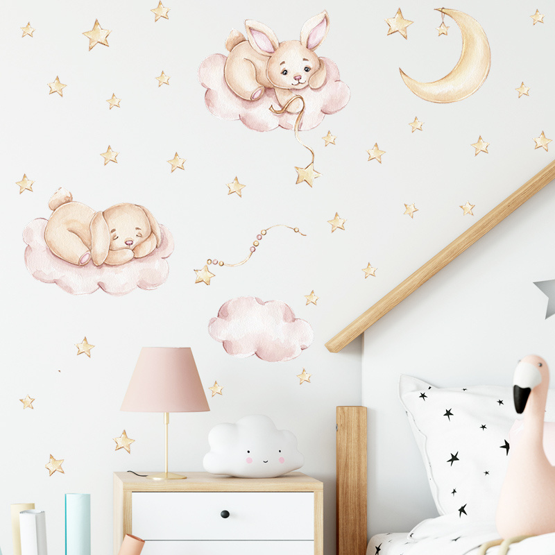 Sleeping Rabbit Cartoon Stickers Moon Stars Wallpaper Bedroom Decorative Decals For Kids Self Adhesive TV Background Murals