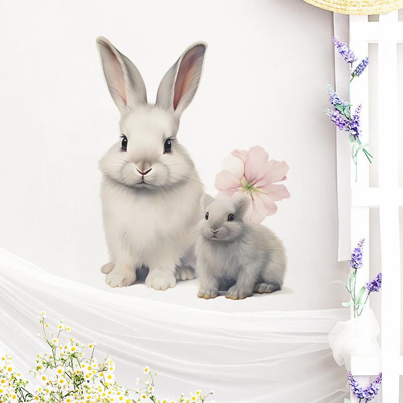 Cartoon cute little rabbit Wall Sticker Cute Little Rabbit Flower Decals Living Room Decorative Wallpaper