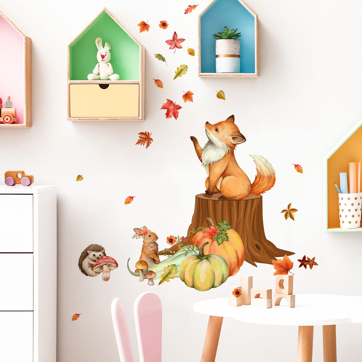 Cartoon Fox Squirrel Wall Sticker Cartoon animal pumpkin Decals Living Room Decorative Wallpaper