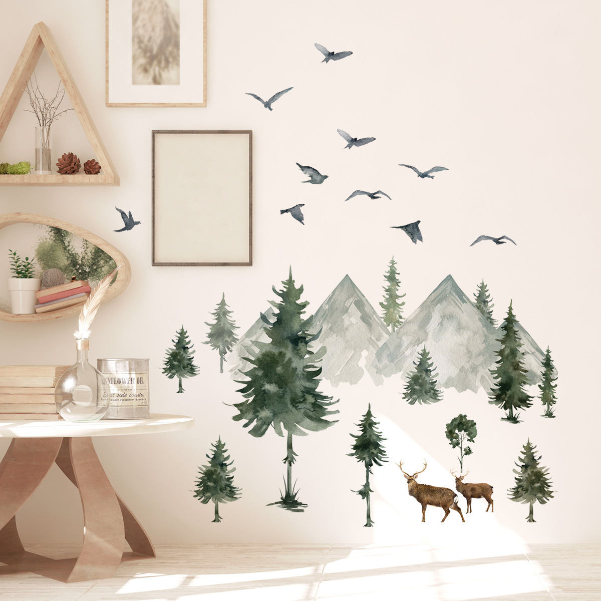 Watercolor painting of mountains rivers and forests Wall Sticker Deep Mountain Elk Decals Living Room Decorative Wallpaper