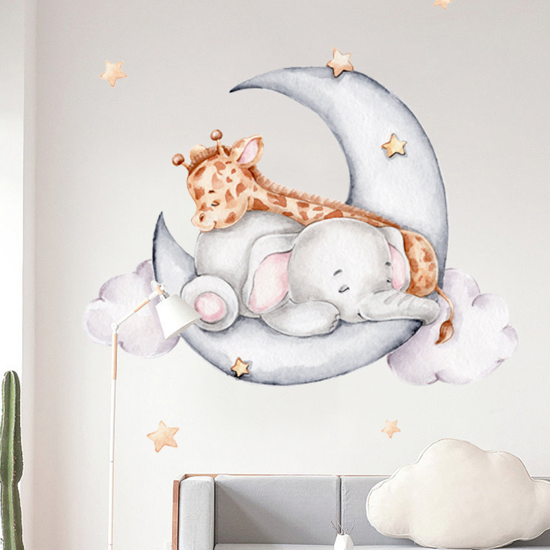 Sleeping Giraffe Elephant Cartoon Wall Stickers Living Room Decals Creative Kid's Bedroom Wallpaper Children's Decorative Murals