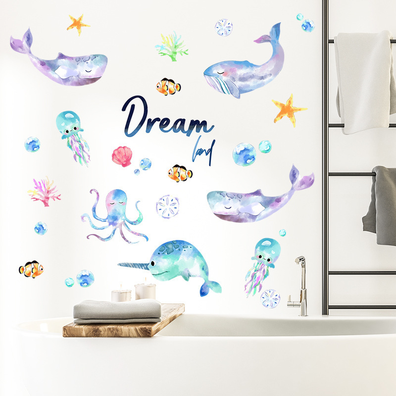 Fantastic Underwater World Wall Sticker Cartoon jellyfish fish Decals  Living Room Decorative Wallpaper