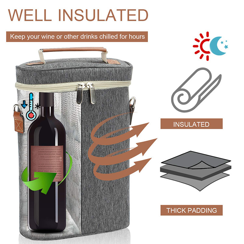 Custom Logo Leakproof Travel Insulated Wine Bottle Carrier Bag Picnic Tote Wine Cooler Bag