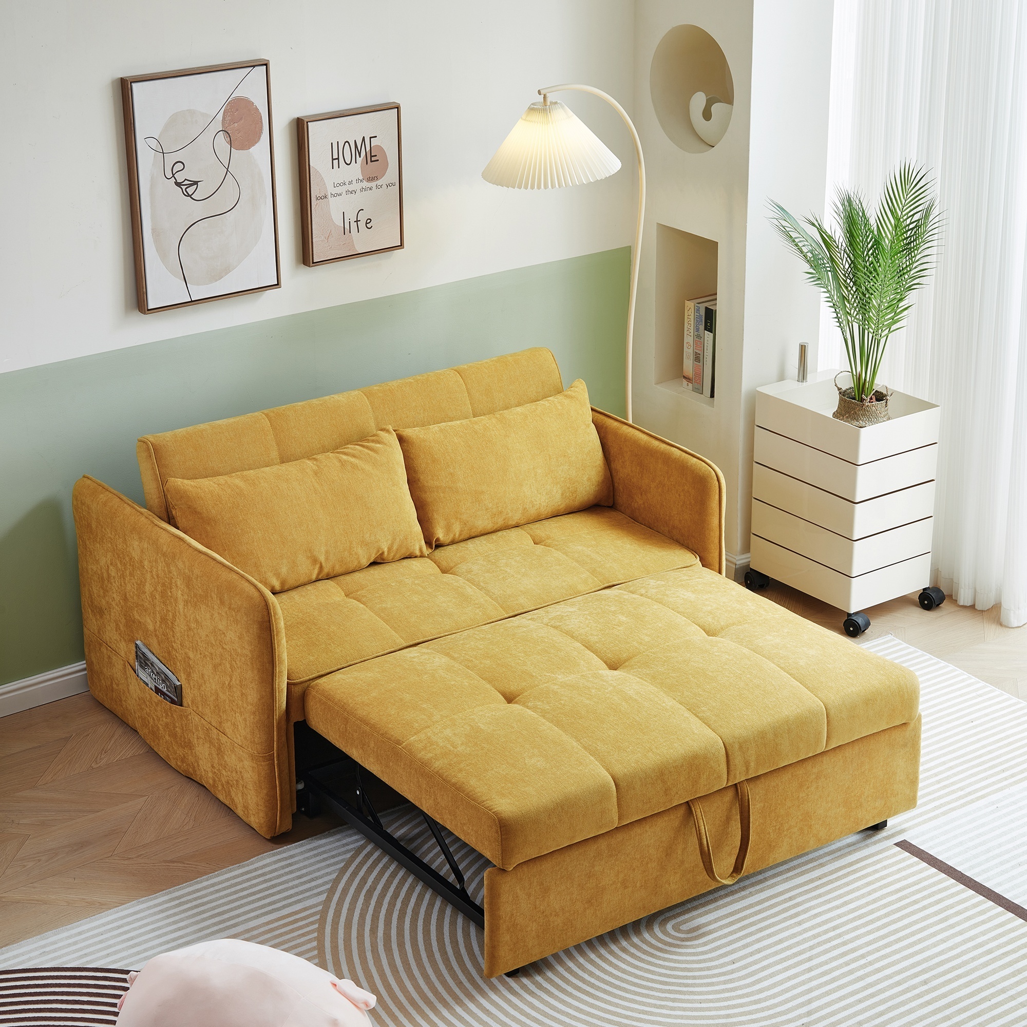 Yellow Chenille fabric pull-out sofa bed sleeper loveseat couch with adjustable armrests wholesales