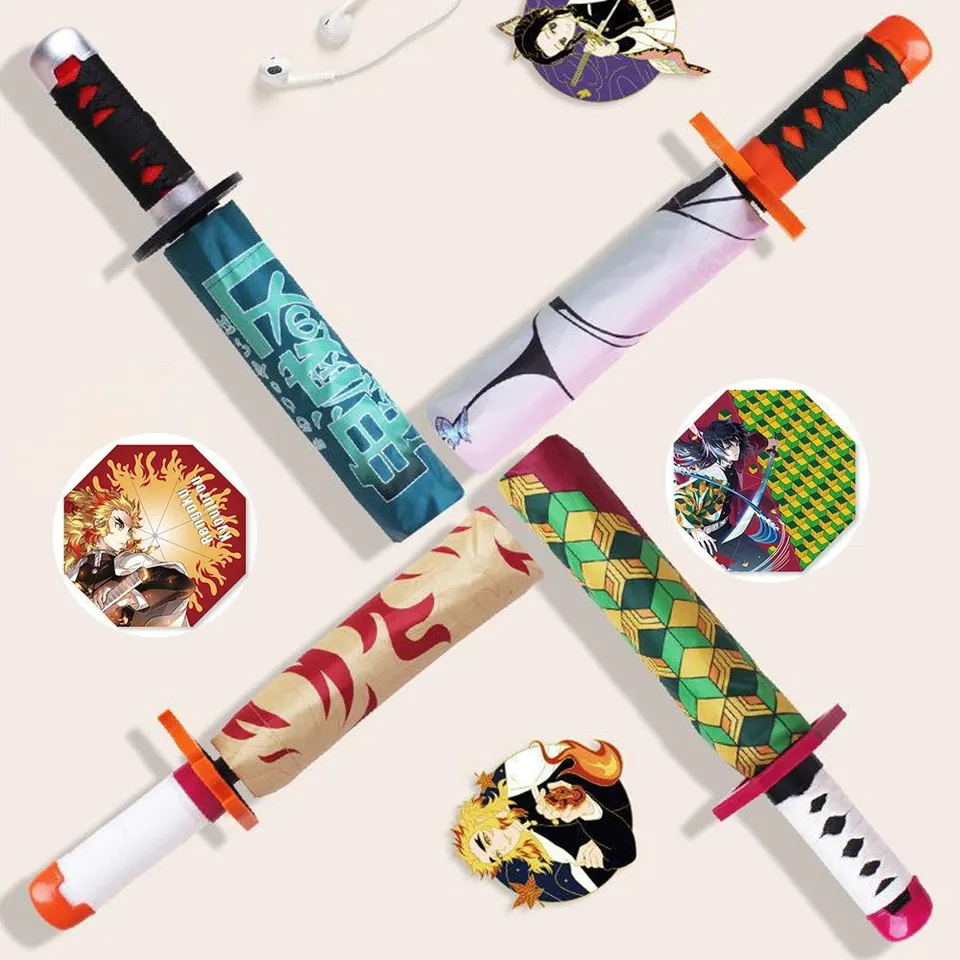 New Arrival Folded Demon Slayer Rengoku Kyoujurou Anime Umbrella for CosplayAnime windproof waterproof stick Sun umbrellas