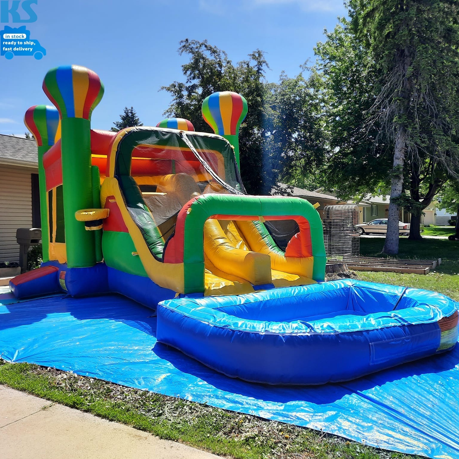 Outdoor Kids Commercial PVC Blow Up Hot Air Fire Balloon Jumping Castle Inflatable Water Slide Combo Bounce House With Slide