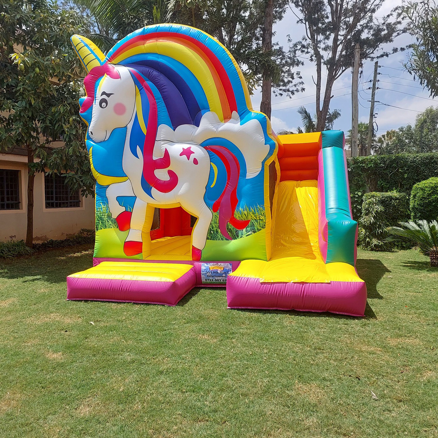 13'x12' Commercial PVC Kids Children Rainbow Unicorn Inflatable Bouncer Jumping Castle Bounce House With Slide For Party Rent