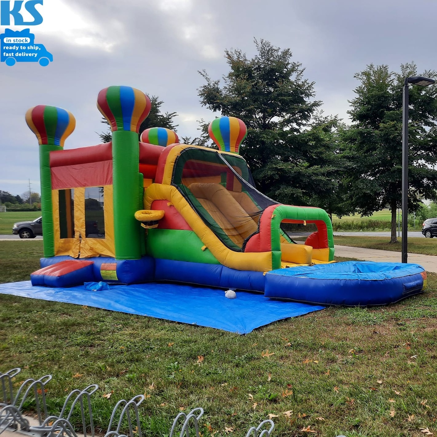 Outdoor Kids Commercial PVC Blow Up Hot Air Fire Balloon Jumping Castle Inflatable Water Slide Combo Bounce House With Slide