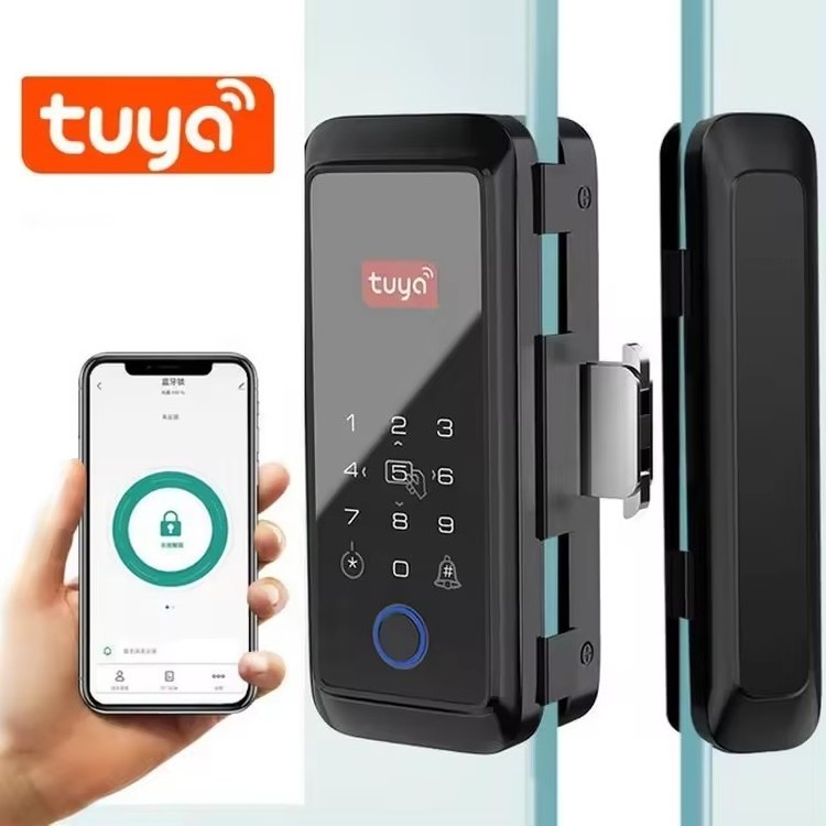 tuya smart ble blue tooth frameless framed single double open glass sliding fingerprint door lock