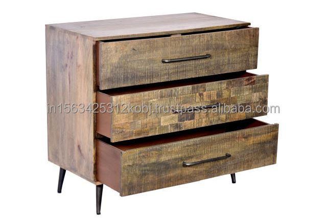 Industrial Vintage Style Solid Mango Wooden Rustic Finish Tall Multi Drawer Storage Living Room Cabinet