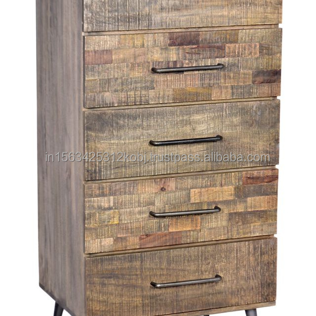 Industrial Vintage Style Solid Mango Wooden Rustic Finish Tall Multi Drawer Storage Living Room Cabinet