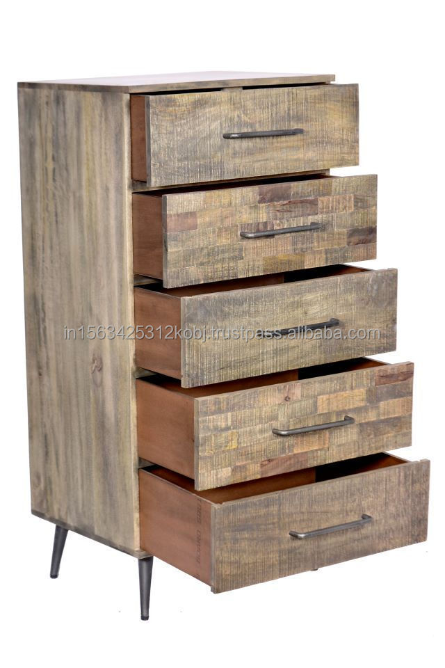 Industrial Vintage Style Solid Mango Wooden Rustic Finish Tall Multi Drawer Storage Living Room Cabinet