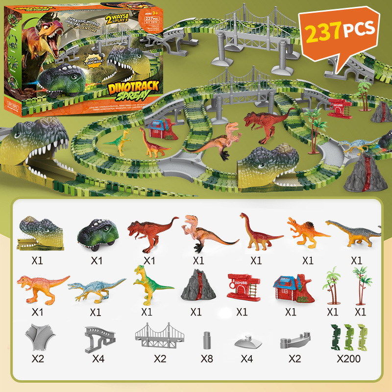 Best Gifts Slot Car Racing B/O Dino Toys DIY 183 Pieces Dinosaur Tracks Electric Construction Race Track For Kids