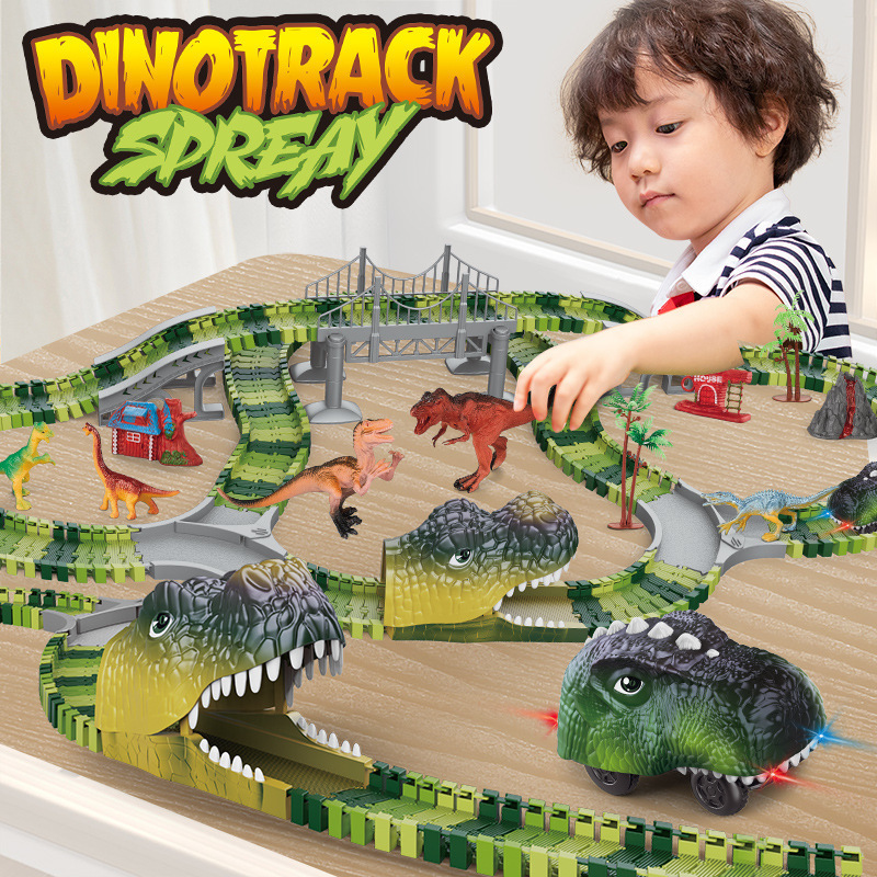 Best Gifts Slot Car Racing B/O Dino Toys DIY 183 Pieces Dinosaur Tracks Electric Construction Race Track For Kids