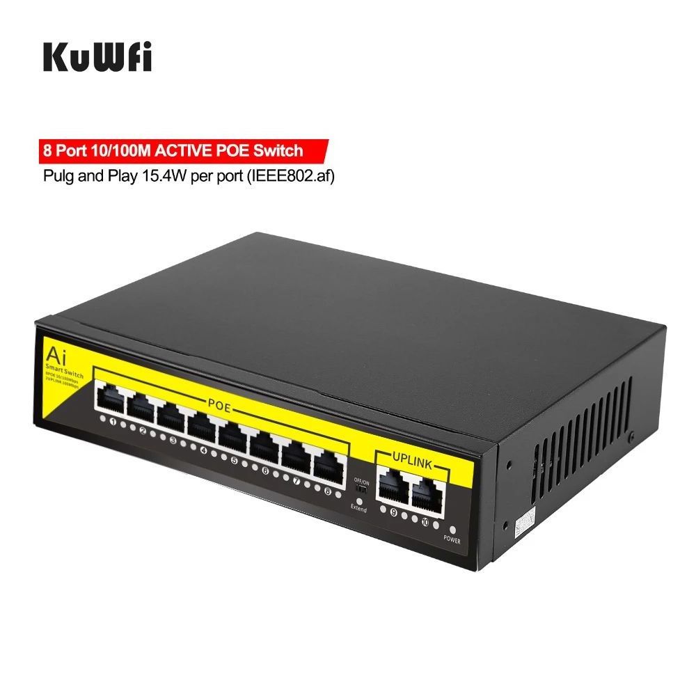 Factory OEM ODM KuWFi POE Switch 48V 10/100Mbps Poe Ports Ethernet Switch 8 Port POE Switch