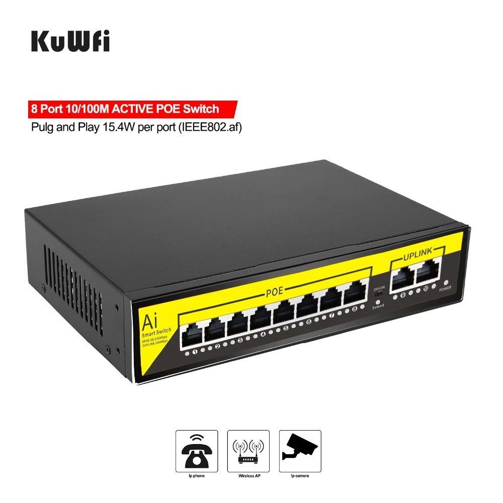 Factory OEM ODM KuWFi POE Switch 48V 10/100Mbps Poe Ports Ethernet Switch 8 Port POE Switch