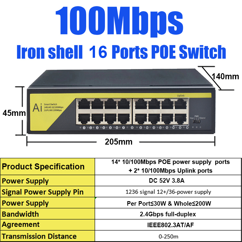 16port 100M KuWFi 14POE+2Uplink ethernet ports 2.4Gbps full-duplex fast 100Mbps network switch for IP camera