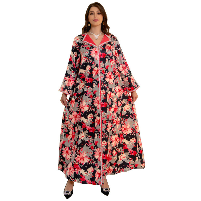 2559 Kuwii Middle East Saudi Arab Casual Home Golden Hot Diamond Printed Umbrella Abaya Elegant Kaftan Jalabiya For Women Dubai