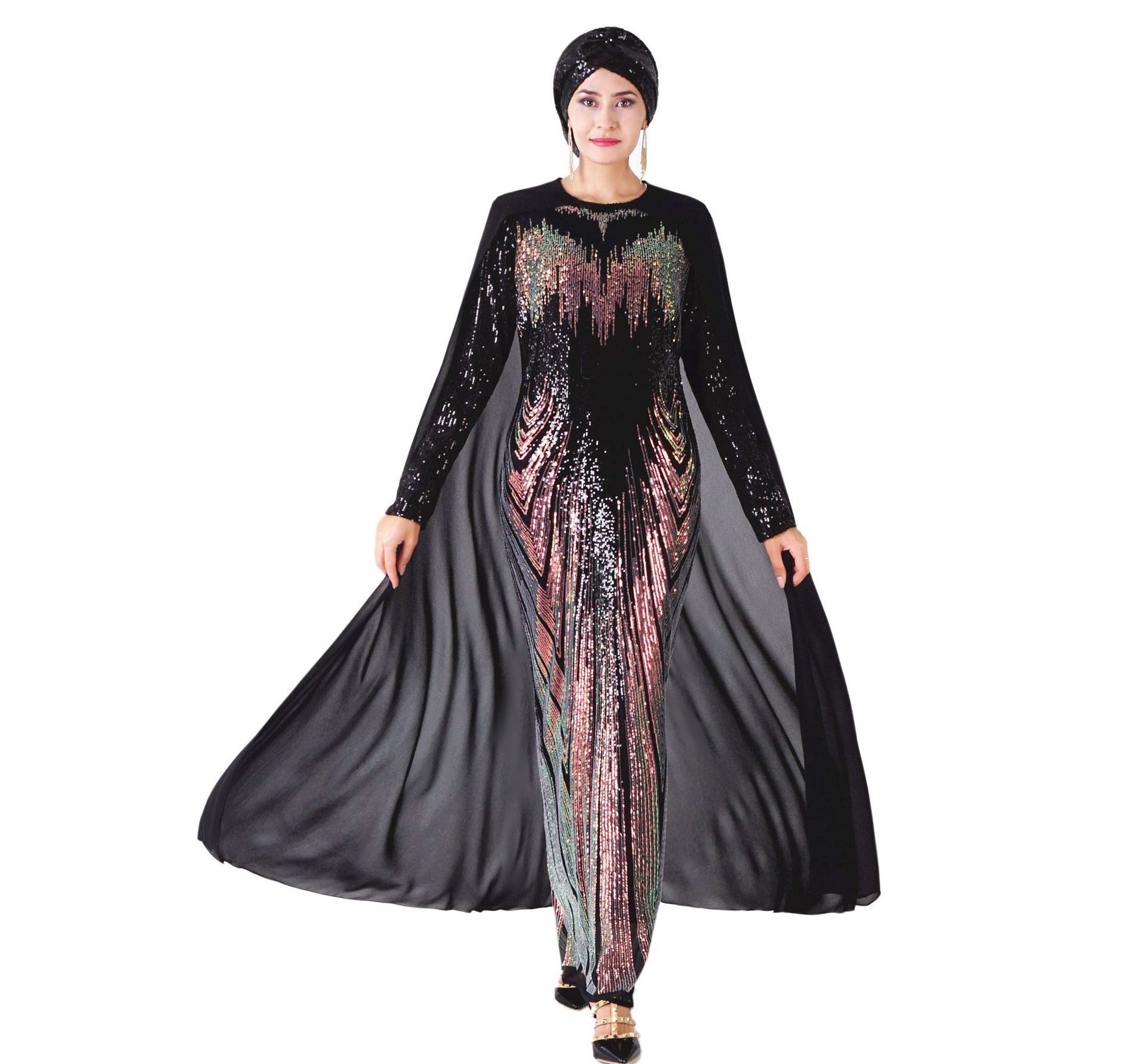 2182 Kuwii Wholesale muslim sequin embroidered cloak long skirt arabic turkish abaya islamic evening dress