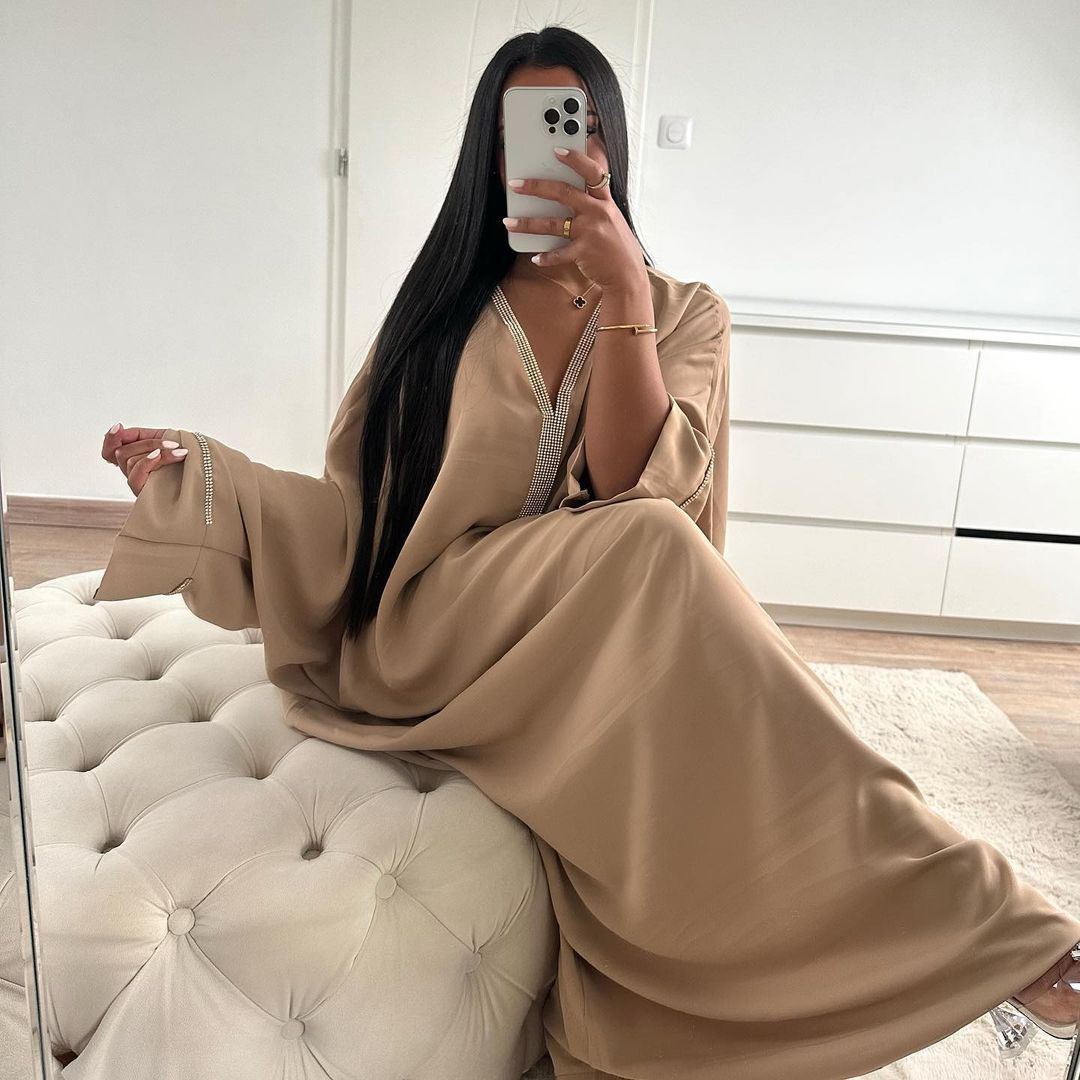 2791 Kuwii Summer Maxi Dress 2023 Metallic Encrusted Peplum Dress Bat Sleeve Middle Eastern Batwing Abaya Turkey Kaftan