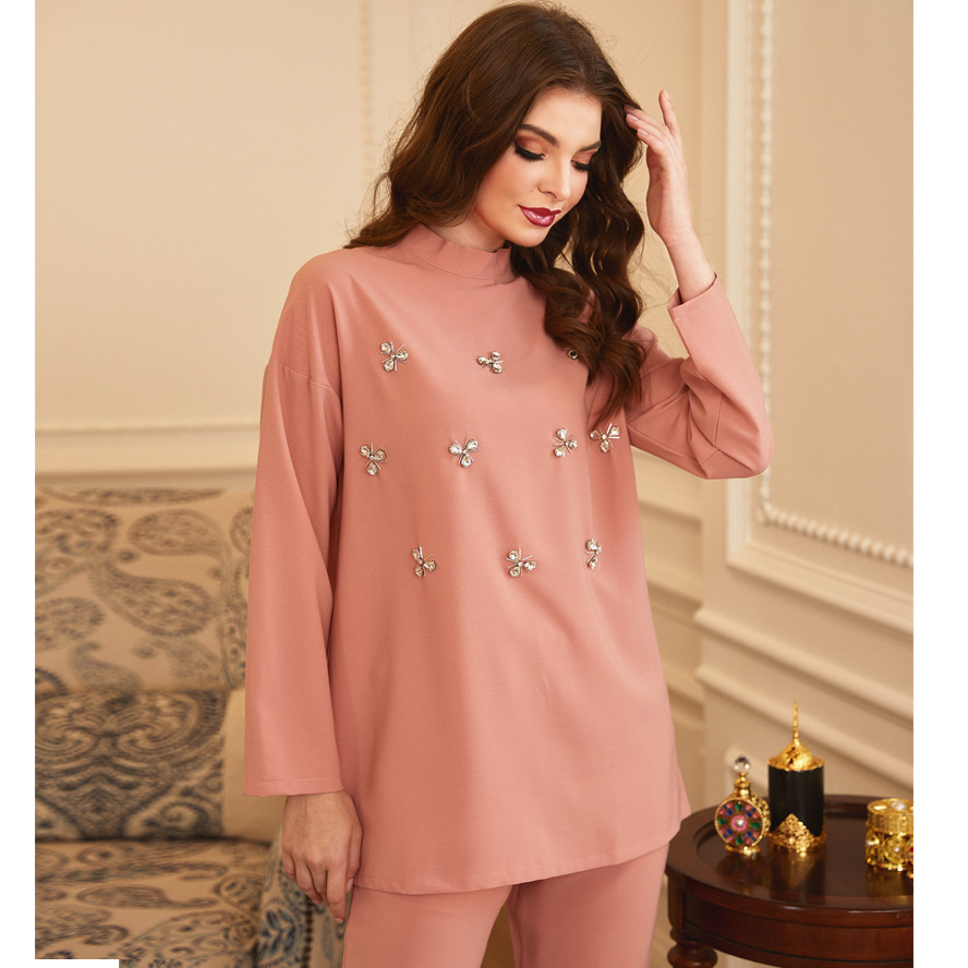 2187 Kuwii wholesale pink kurti set Muslim dress for women dubai muslim dress set top + pants Southeast Asian women's clothing