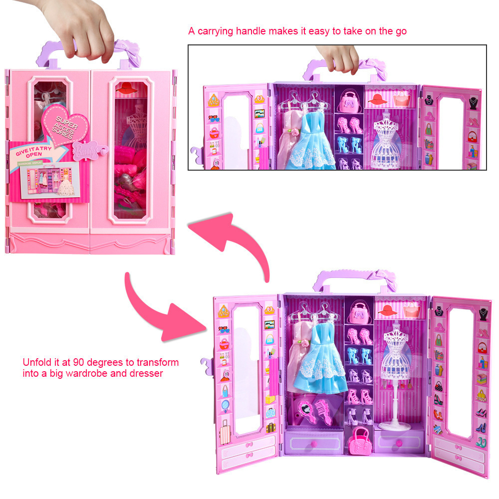 Fashionable Girl Play House Makeup Toy Dress up Princess Doll Variety Wardrobe Pink Portable Wardrobe Birthday Gift