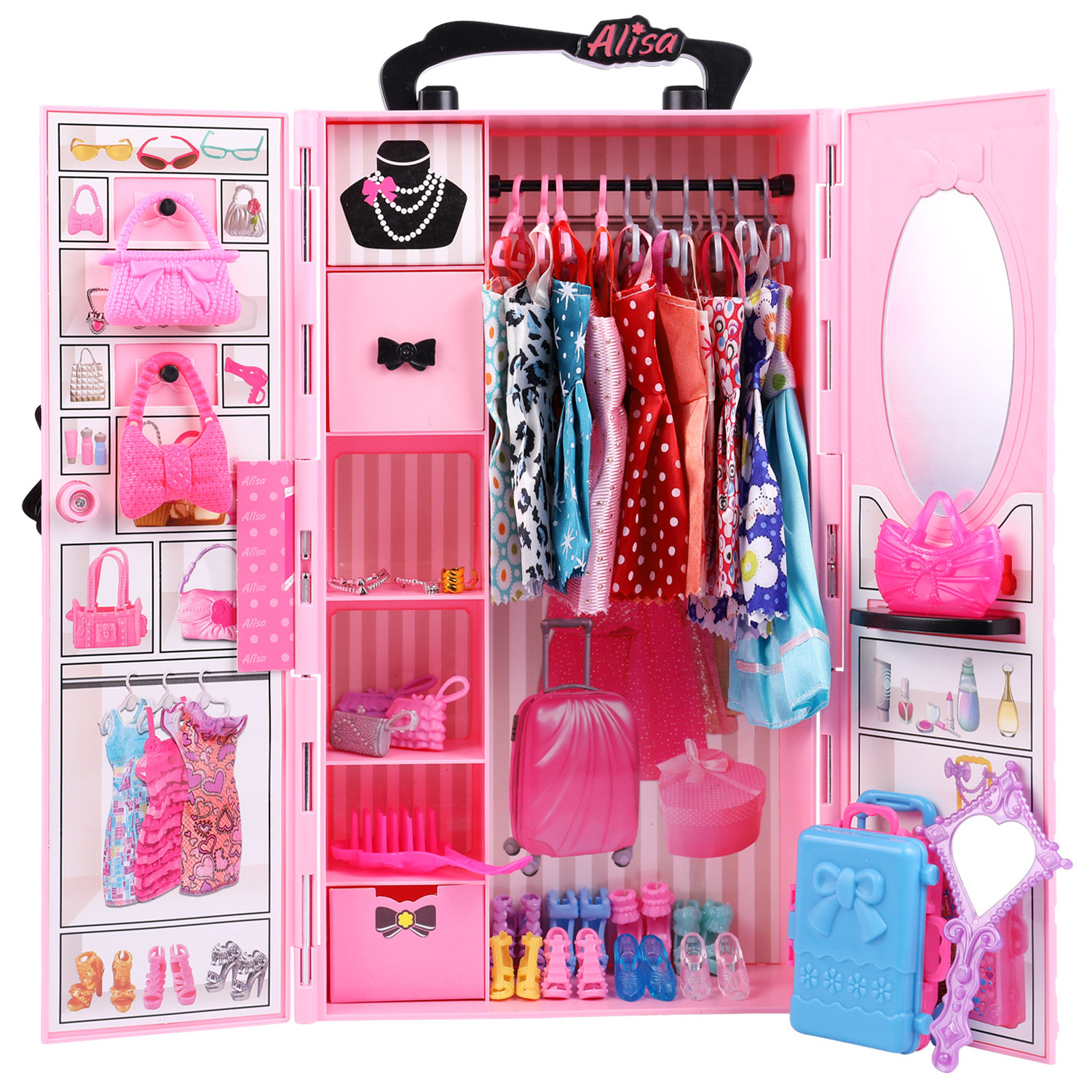 Fashionable Girl Play House Makeup Toy Dress up Princess Doll Variety Wardrobe Pink Portable Wardrobe Doll Accessories