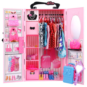 Fashionable Girl Play House Makeup Toy Dress up Princess Doll Variety Wardrobe Pink Portable Wardrobe Doll Accessories