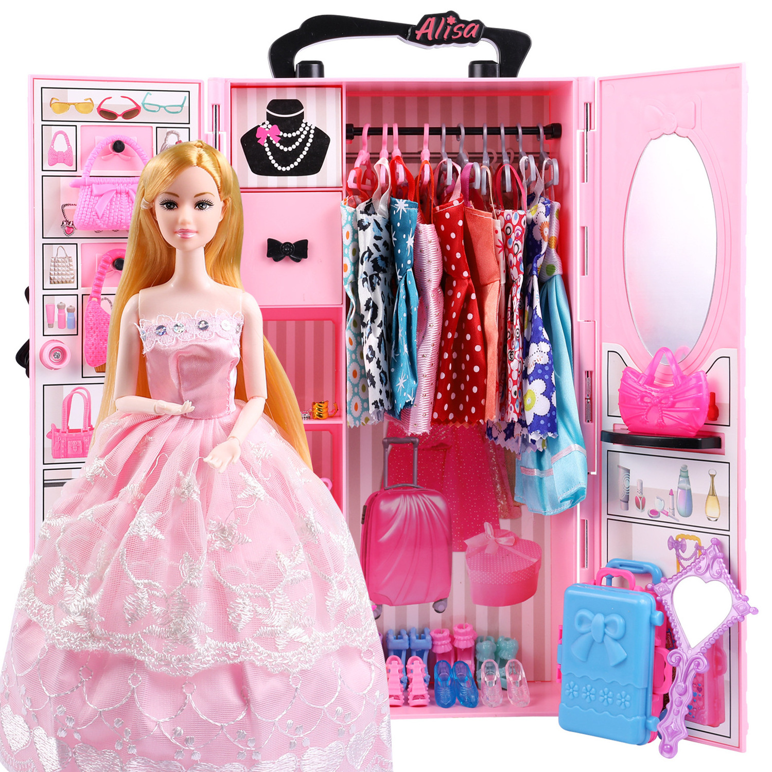 Fashionable Girl Play House Makeup Toy Dress up Princess Doll Variety Wardrobe Pink Portable Wardrobe Doll Accessories