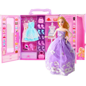 Fashionable Girl Play House Makeup Toy Dress up Princess Doll Variety Wardrobe Pink Portable Wardrobe Birthday Gift